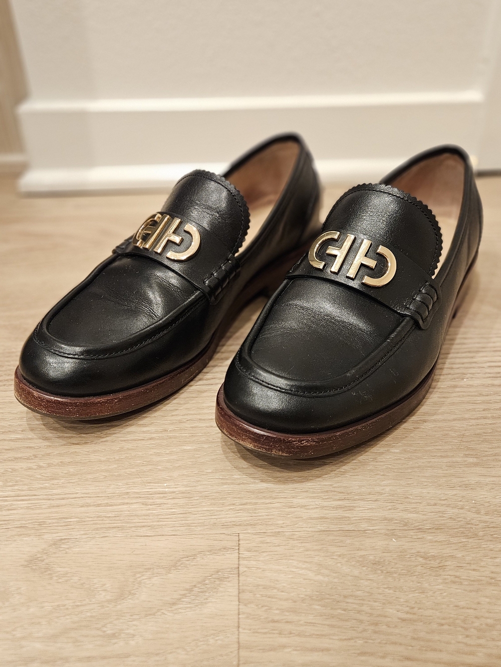 Cole Haan Black Leather Women’s Loafers with Gold Logo